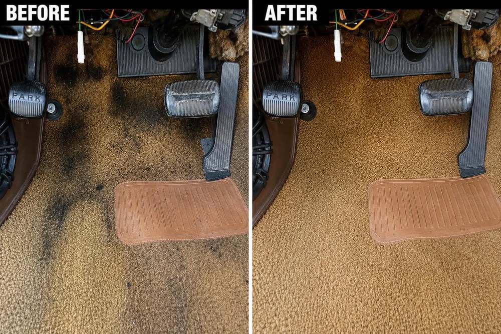 Side by side of a stained carpet floor and the same carpet cleaned